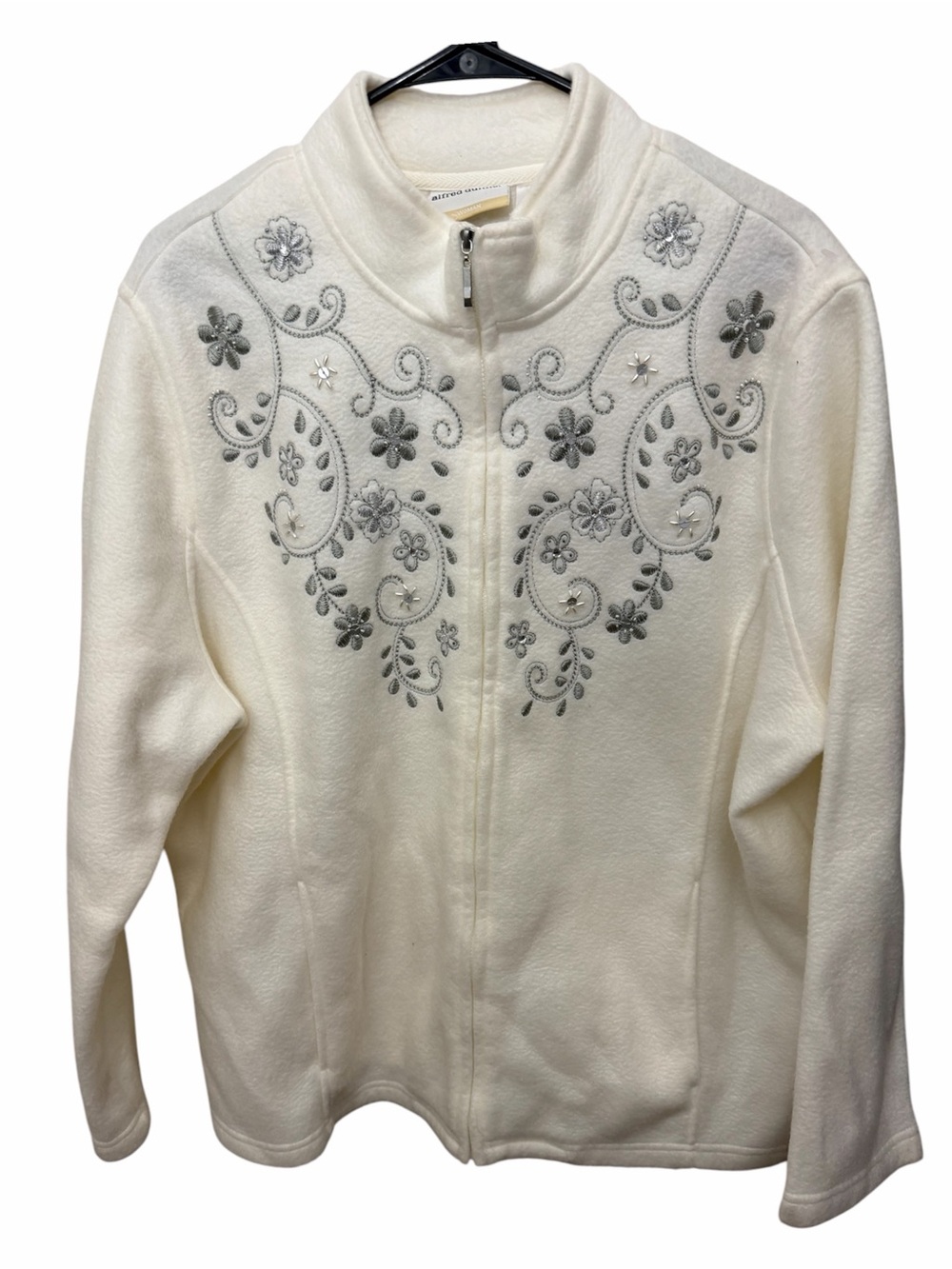 Women's Alfred Dunner White Fleece Jacket Sixe 2X with Floral Silver Embroidery